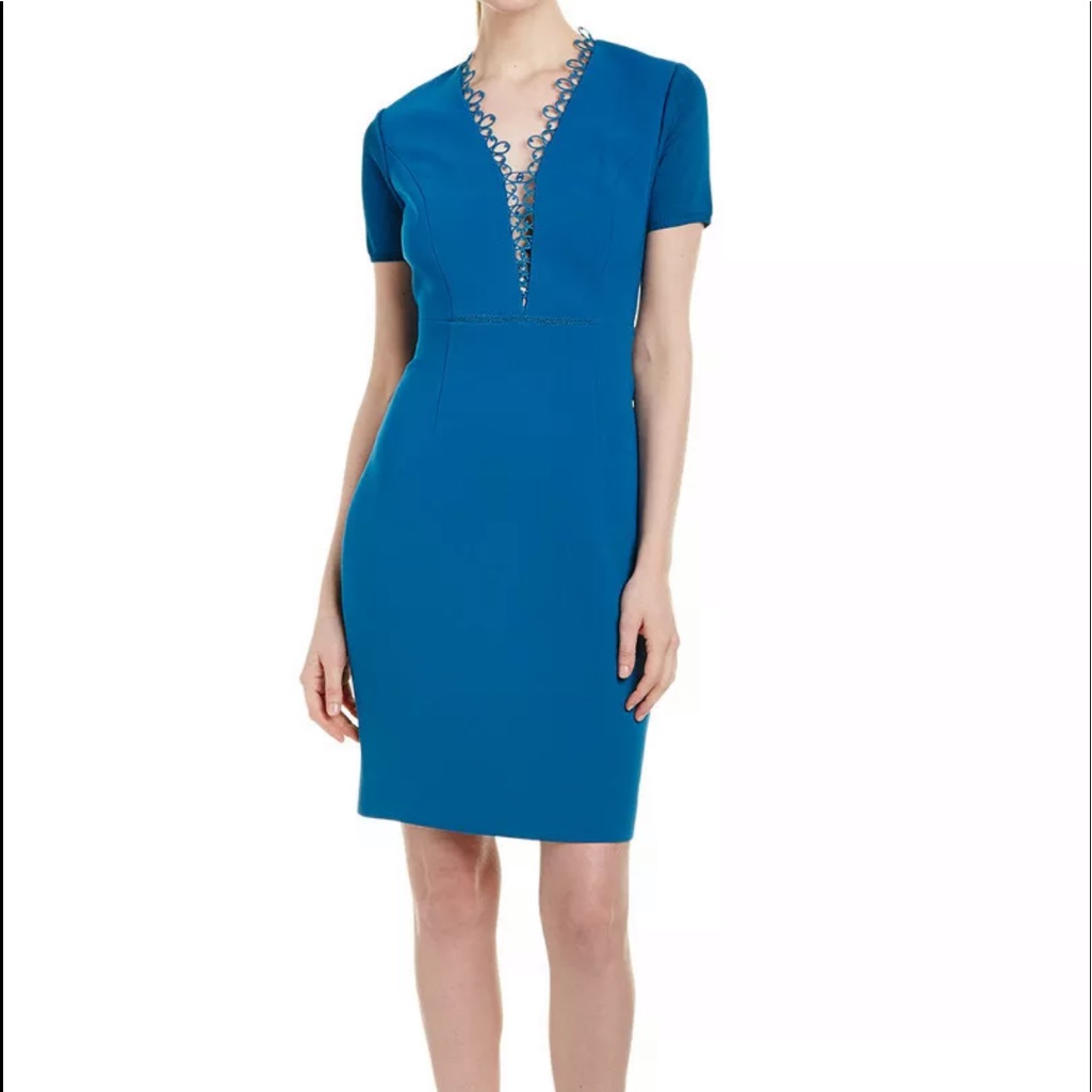 Elie Tahari Sheath Dress Blue Embroidered Neckline